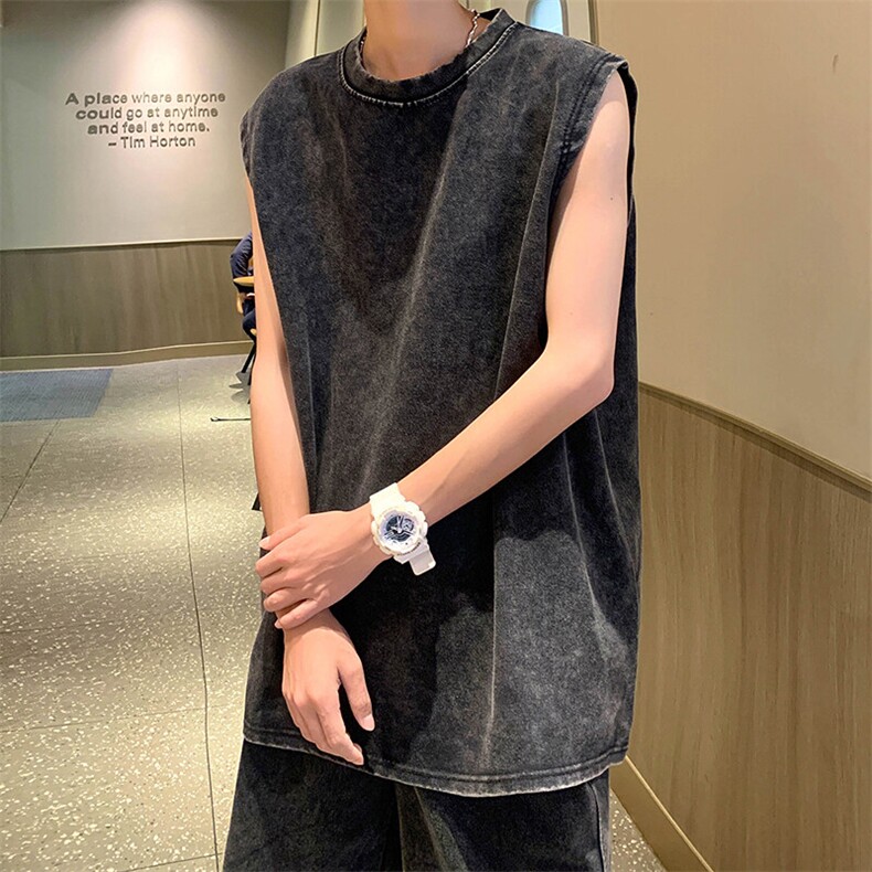 抖音得物品质二开240克重磅美式高街纯棉水洗做旧复古无袖T恤背心,男装T恤,电商A486-1
