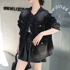 欧货圆领长袖牛仔外套女早秋新款设计感四口袋中长款美式短外套潮，女装牛仔外套，跑量工厂店