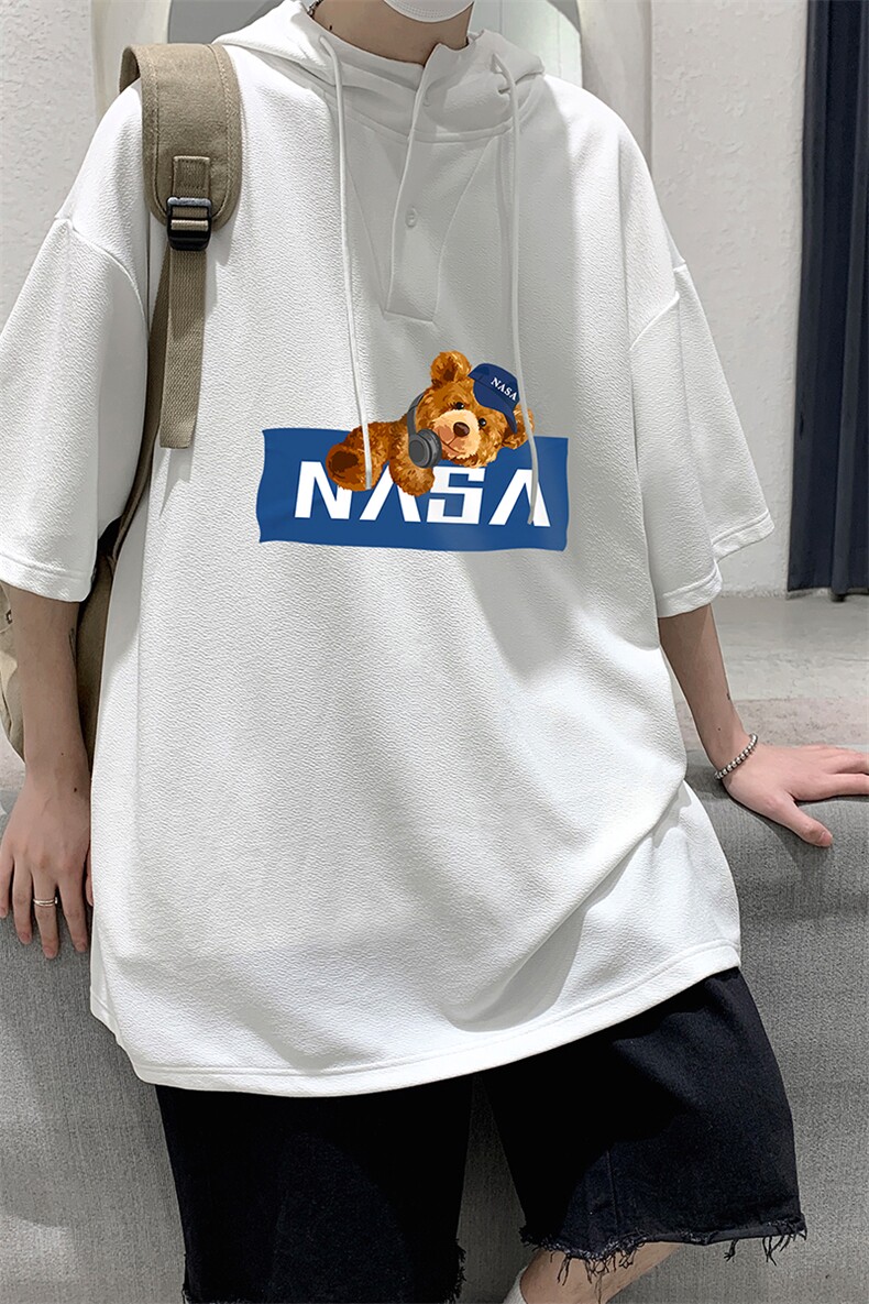 LD54247-P45NASA连帽短袖t恤男大码胖子带帽五分袖中袖,男装T恤,电商A040