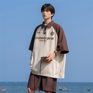 港风  夏季宽松华夫格插肩袖polo套装情侣短裤TZ1189 P65 控88图片