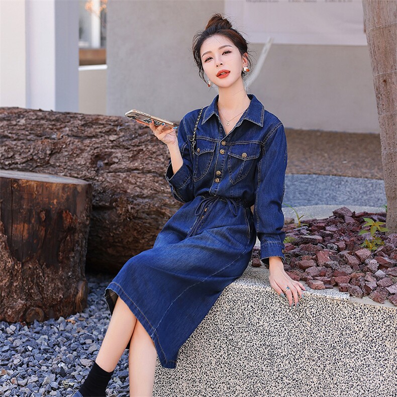牛仔连衣裙女长袖2025春秋新款韩版时尚显瘦翻领中长款牛仔裙子,女装连衣裙,慧尚依恋