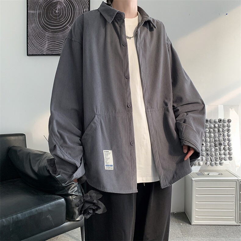22秋冬新款港风复古灯芯绒长袖衬衫宽松情侣外套潮日系H221/P45,男装衬衫,钱塘713