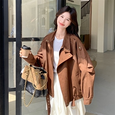 深棕色复古麂皮绒立领短外套女2025秋韩系新款高级感气质时尚夹克，女装短外套，2C198