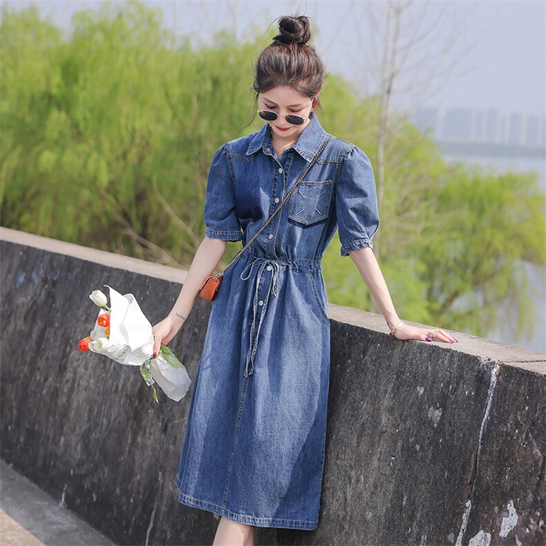 大量现货！2024夏季新款女装韩版时尚显瘦中长款刺绣牛仔连衣裙,女装连衣裙,慧尚依恋
