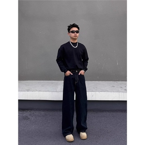 BLACKAT 美式复古围巾拼接格纹丹宁牛仔裤男cleanfit直筒宽松长裤图片
