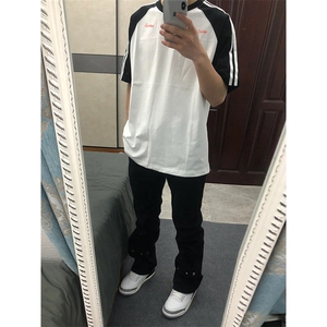 抖音得物品质二开240克宽松纯棉美式潮牌插肩三杠织带短袖T恤图片