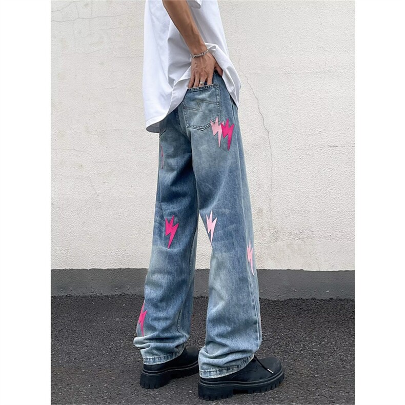 闪电牛仔裤男潮牌宽松直筒高街设计感小众休闲水洗裤子00855-p55,男装牛仔裤,星座1008