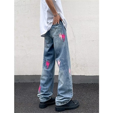闪电牛仔裤男潮牌宽松直筒高街设计感小众休闲水洗裤子00855-p55，男装牛仔裤，星座1008