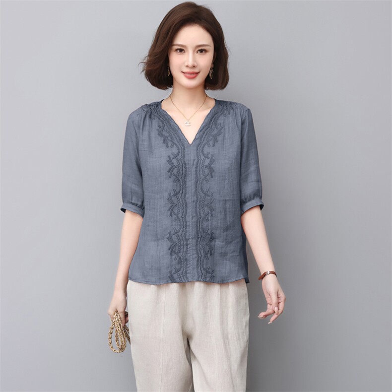 棉麻上衣女夏季高端苎麻衬衫2022年新款妈妈V领衬衣大码亚麻小衫,女装T恤,江忆布依