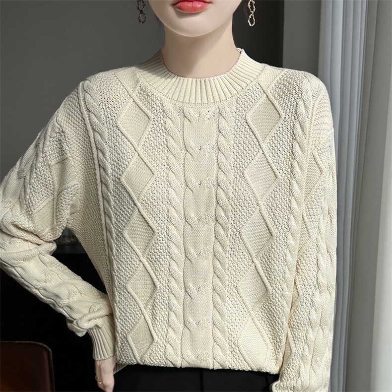 老钱风麻花纹100纯棉针织毛衣女2025新款加厚针织衫高级感打底衫，女装针织衫/毛衣，斯美雅电商供货