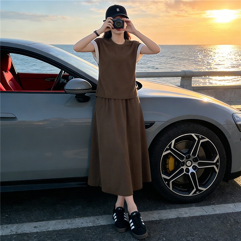 设计感时尚气质套装裙女夏新款圆领撞色拼接上衣开叉半身裙两件套,女装套装/套裙,江南