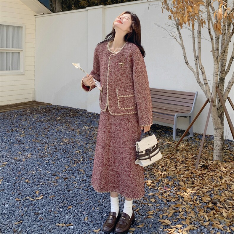 小香风套装裙女冬高级感红色毛呢外套半裙两件套，女装套装/套裙，浙宝B116