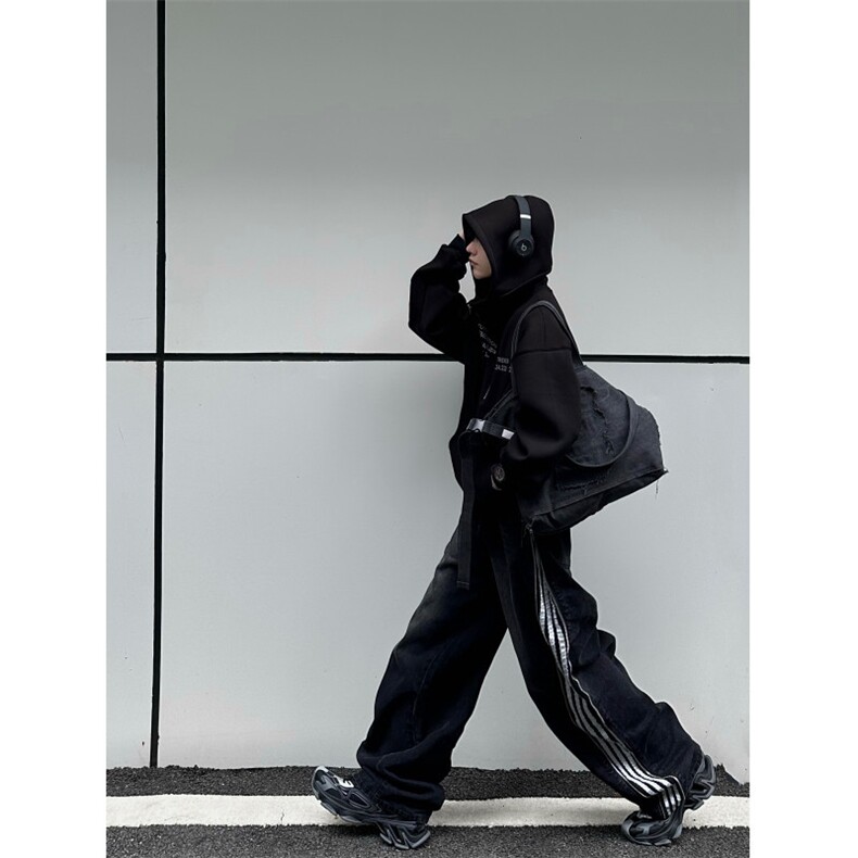 新款拉链拼接三条杠阔腿宽松百搭牛仔裤1002-1NZ2325P75控98，男装牛仔裤，星座1002-1