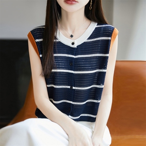 夏季新款莱赛尔天丝镂空撞色无袖开衫女宽松百搭显瘦时尚休闲上衣图片