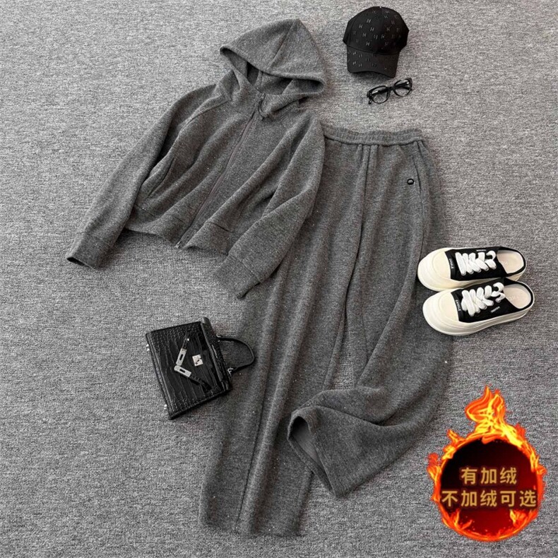 运动休闲时尚套装女秋冬新款高级感拉链开衫连帽卫衣直筒裤两件套，女装套装/套裙，江南