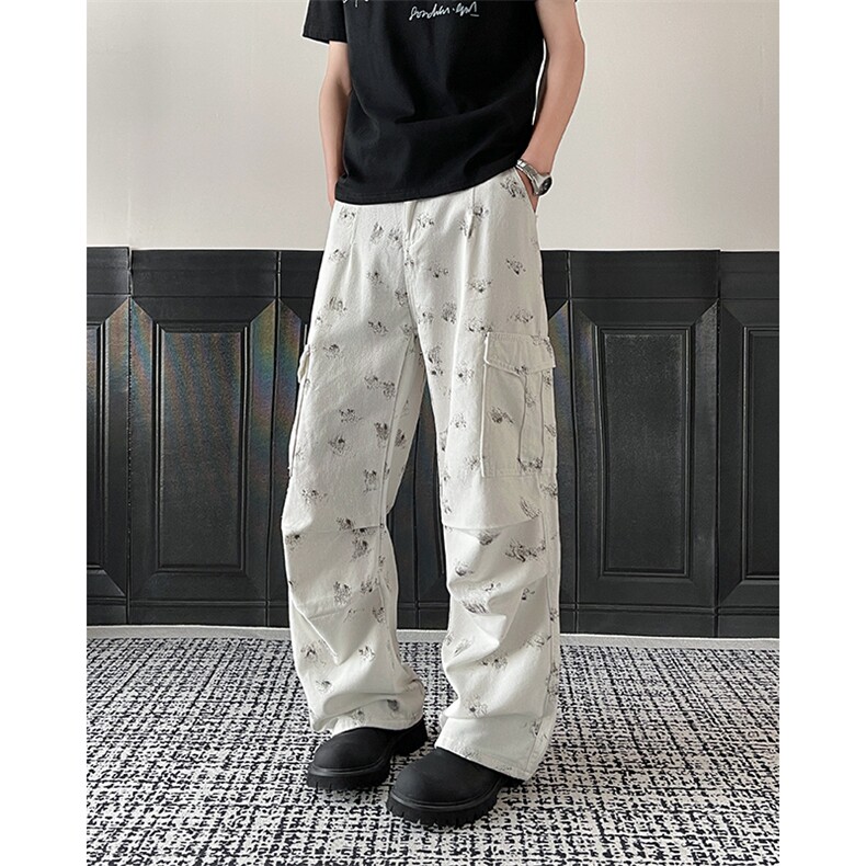 牛仔裤男款高街微喇工装长裤美式涂鸦拖地裤子N1151-P50,男装牛仔裤,星座308B-2