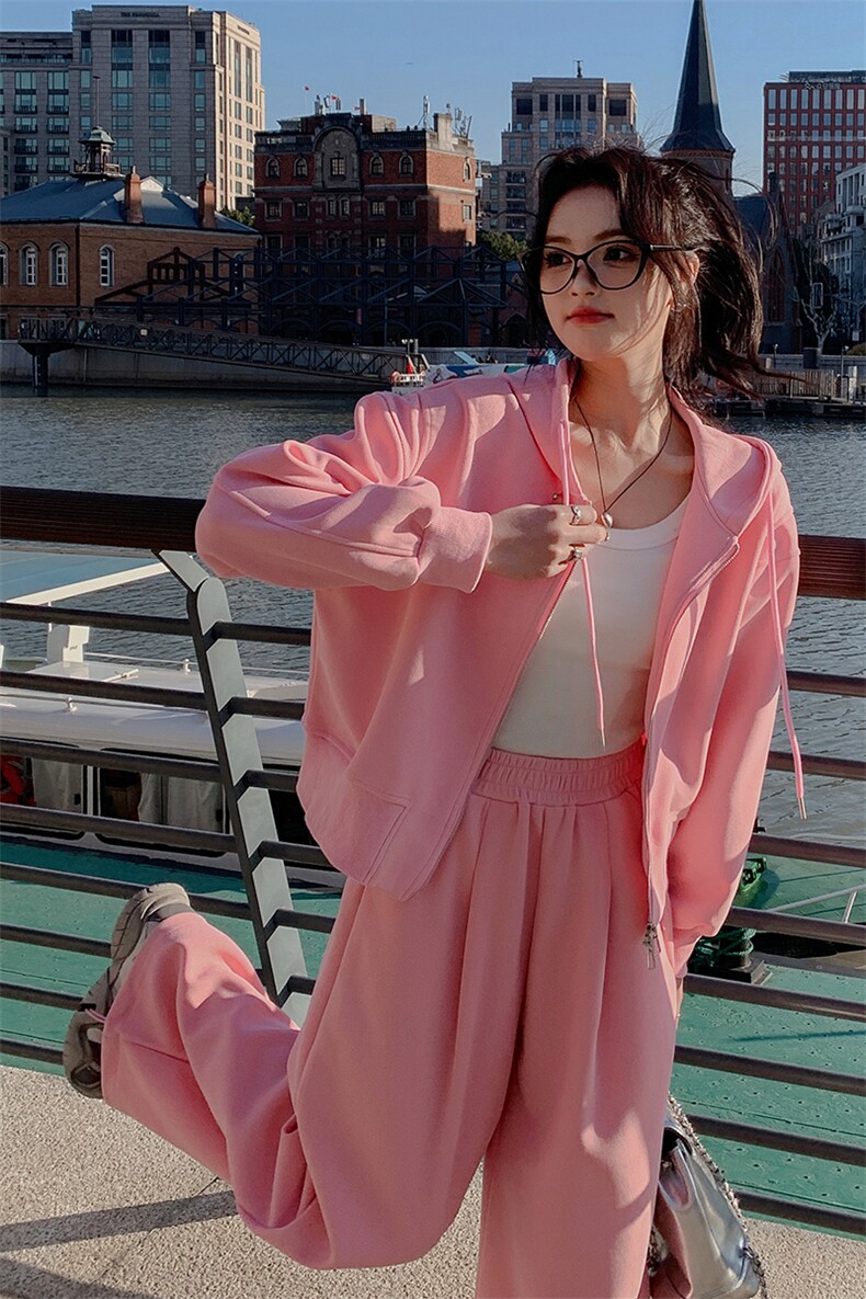 2024早春穿搭整套粉色卫衣休闲运动套装女减龄洋气阔腿裤两件套,女装套装/套裙,千千佰惠