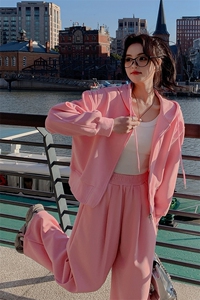 2024早春穿搭整套粉色卫衣休闲运动套装女减龄洋气阔腿裤两件套图片