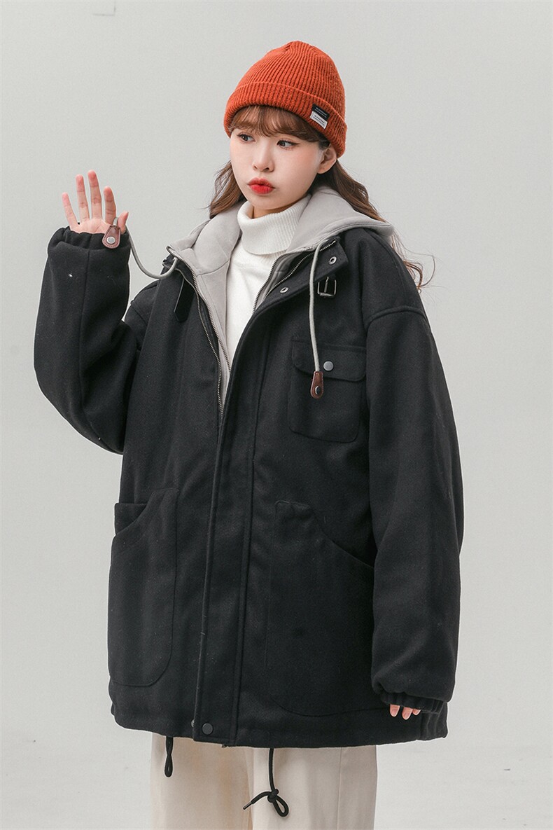 EQ158冬季新款港风休闲美式毛呢假两件连帽棉服棉衣情侣外套P145,男装棉衣,电商C306-1
