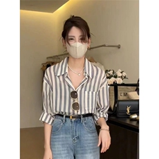 港风复古慵懒条纹衬衫女通勤薄款防晒上衣夏款韩系简约百搭衬衣女，男装防晒衣，星座1210-1
