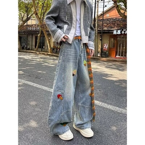 超火蘑菇刺绣牛仔裤女男设计感美式水洗复古高腰显瘦阔腿拖地裤