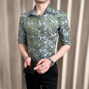夏季男士新款痞帅七分袖花衬衣男休闲修身衬衫301A-1/CS428/P55图片