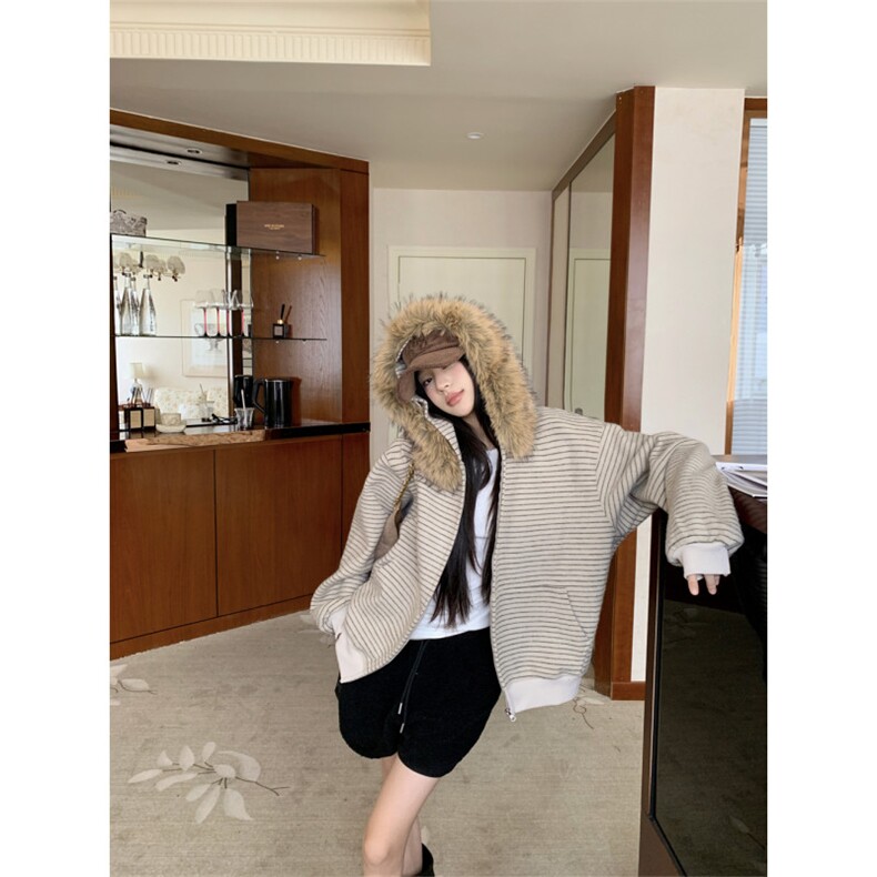 网图美式复古条纹毛领连帽卫衣外套女秋季休闲宽松开衫上衣特P79,女装短外套,电商C306-1