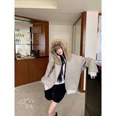 网图美式复古条纹毛领连帽卫衣外套女秋季休闲宽松开衫上衣特P79，女装短外套，电商C306-1