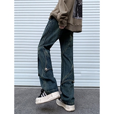 B221美式ins高街暗黑拼接直筒工装牛仔裤LK24147-P70控98，男装牛仔裤，电商B221