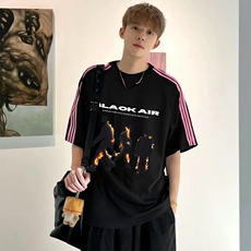 抖音得物品质二开240克宽松纯棉美式潮牌印花三条杠中性风短袖T恤，男装T恤，电商A486-1