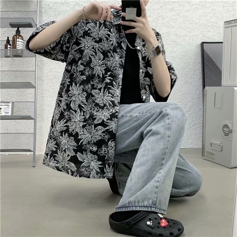 夏季薄款短袖衬衫男ins网红港风日系潮牌痞帅宽松花上衣CS31-P32,男装衬衫,星座1008