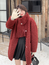 安可拉红围巾款皮毛一体羊羔毛外套女冬加厚棉服6092P225k328，女装棉衣/棉服，维壹