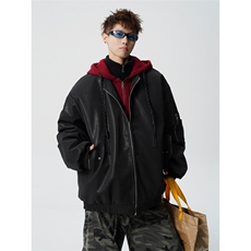 706-LK7071-P128现货冬季男士假两件连帽pu皮棉衣保暖棉服外套，男装皮衣，星座706