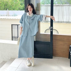 韩版宽松蓝色条纹衬衫半身裙套装女2025秋季新款高级感穿搭两件套，女装套装/套裙，2C108