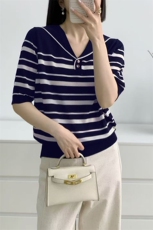 新条纹海军领精纺天丝莱赛尔针织衫女夏季新款百搭气质短袖套头衫，女装T恤，暖姿羊绒