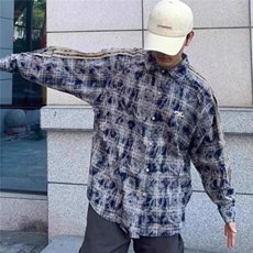 C331-P43标准翻领潮秋季男女美式做旧格子拼接长袖衬衫百搭，男装衬衫，电商B323A