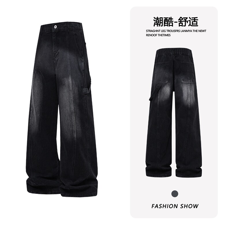 B221美式ins高街暗黑拼接宽松直筒工装牛仔裤LK26641-特P45控78,男装牛仔裤,电商B221