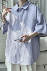 特批25无差价2025夏薄凉感冰丝条纹短袖衬衣男潮流垂坠感衬衫C834，男装衬衫，电商A001-1