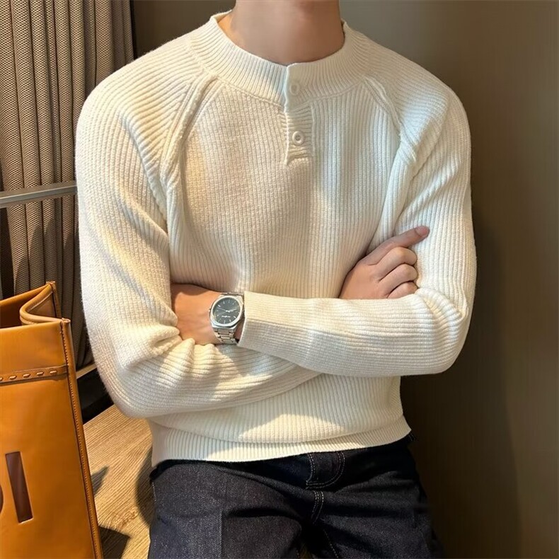 韩版秋冬季潮流纯色休闲厚款毛衣男套头细条亨利领打底针织衫男生，男装T恤，星座516A