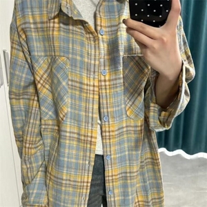 新款休闲百搭宽松衬衫上衣美式复古拼色格子外套男女 CYC21图片