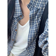 蓝色格子纯棉长袖衬衫女春季休闲宽松慵懒风外搭衬衣外套C58，男装衬衫，星座1116A（原606A-3）