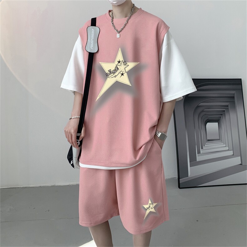 华夫格套装潮流休闲短袖短裤两件套FTZ3075-P55控78,男装牛仔裤,电商B370
