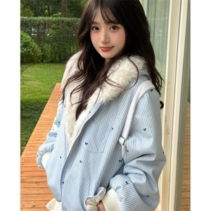 韩系可爱甜美蓝色加厚毛领连帽棉服女冬季小个子棉袄女 M3623图片