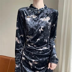 连衣裙女秋季新款潮流时尚金丝绒立领改良旗袍，女装连衣裙，圣丽羊绒