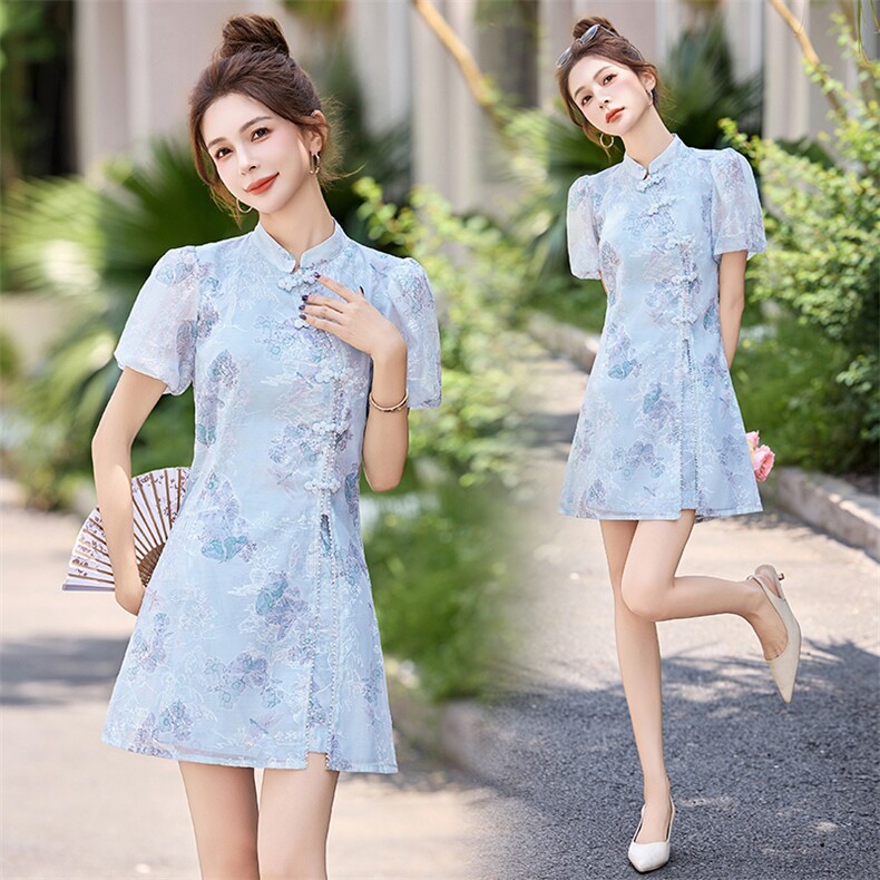 新中式国风名媛钉珠套装女2025新款盘扣旗袍裙高腰显瘦短裤两件套，女装套装/套裙，歌伊格美