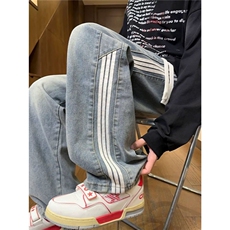 2026新款三条杠拼接牛仔裤直筒春秋美式潮牌宽松加长阔腿休闲裤，男装牛仔裤，星座715-4