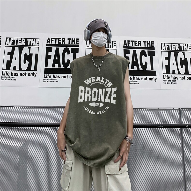 特批2025港风美式高街水洗做旧无袖圆领背心DT246P35控58，男装背心/马甲，电商A247