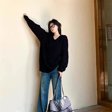宽松V领黑色毛衣女慵懒风秋冬新款高级松弛感套头针织衫外穿上衣，女装针织衫/毛衣，星座506A
