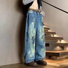 港风秋款男牛仔裤油漆扎染直筒宽松长裤NK7802P52，男装牛仔裤，星座1013-1