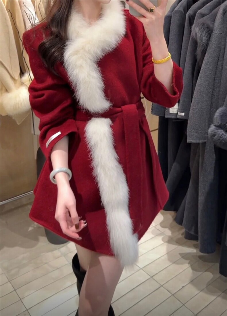 【依嘟】2026新款小个子收腰显瘦毛领洋时尚羊毛外套(，女装双面呢大衣，依嘟服饰